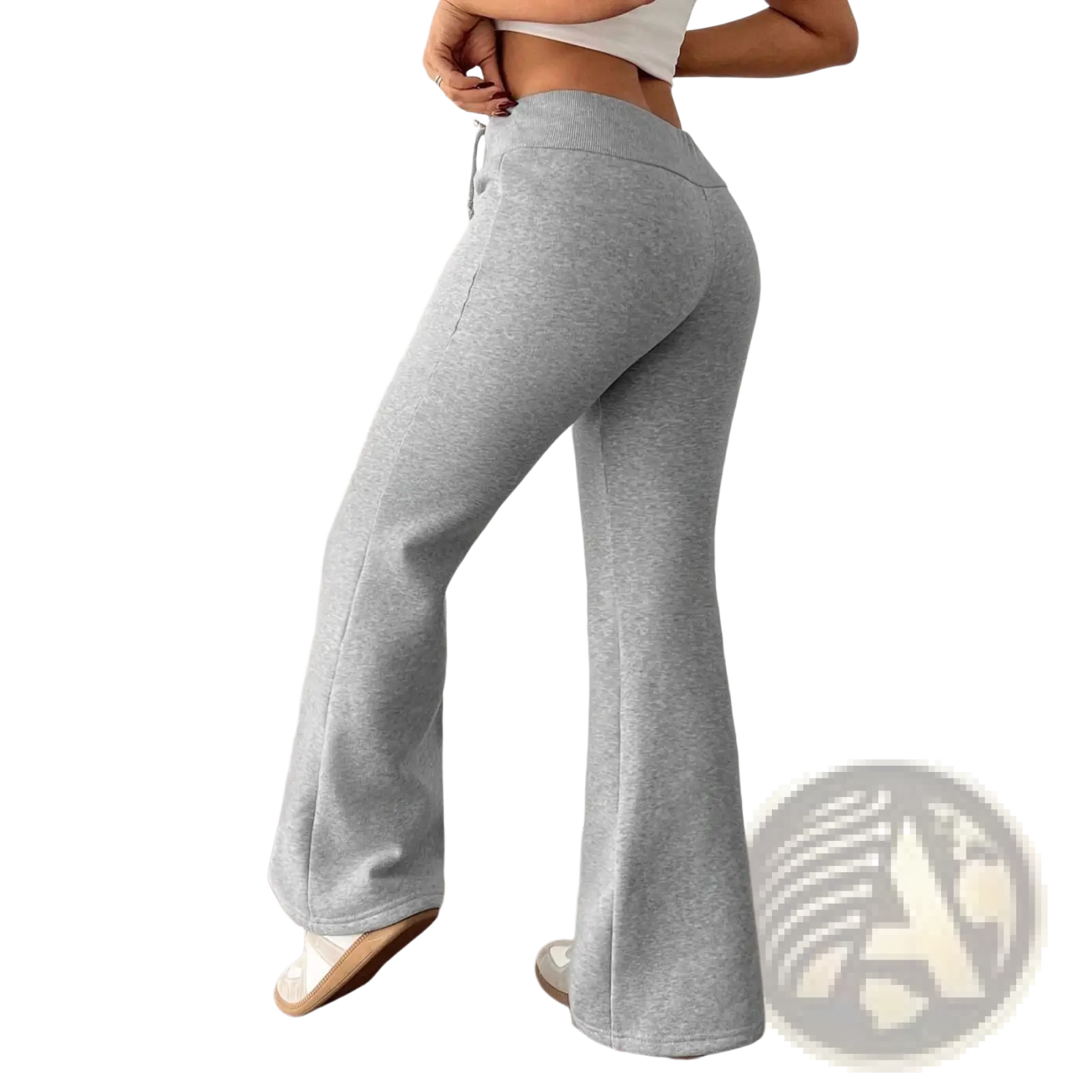 Gray heathered fleece lined high waist flared sweatpants with a drawstring waistband for comfortable wear
