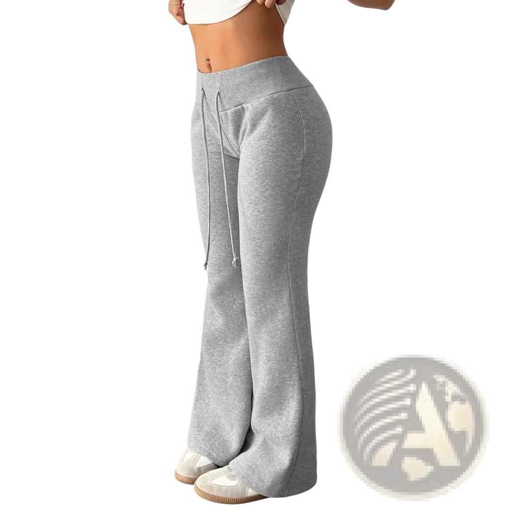 Gray fleece lined high waist flared sweatpants with drawstring waist and soft cozy fleece lining