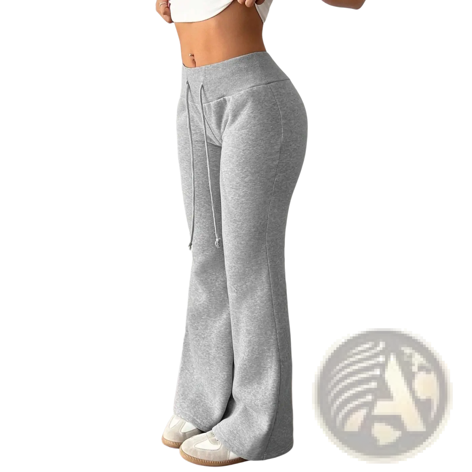 Gray fleece lined high waist flared sweatpants with drawstring waist and soft cozy fleece lining