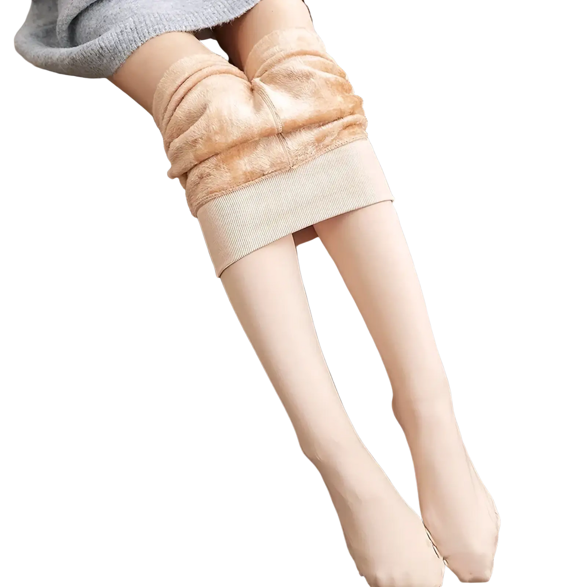 Beige fleece lined high waist thermal women tights with faux fur lining and ribbed waistband for warmth and comfort