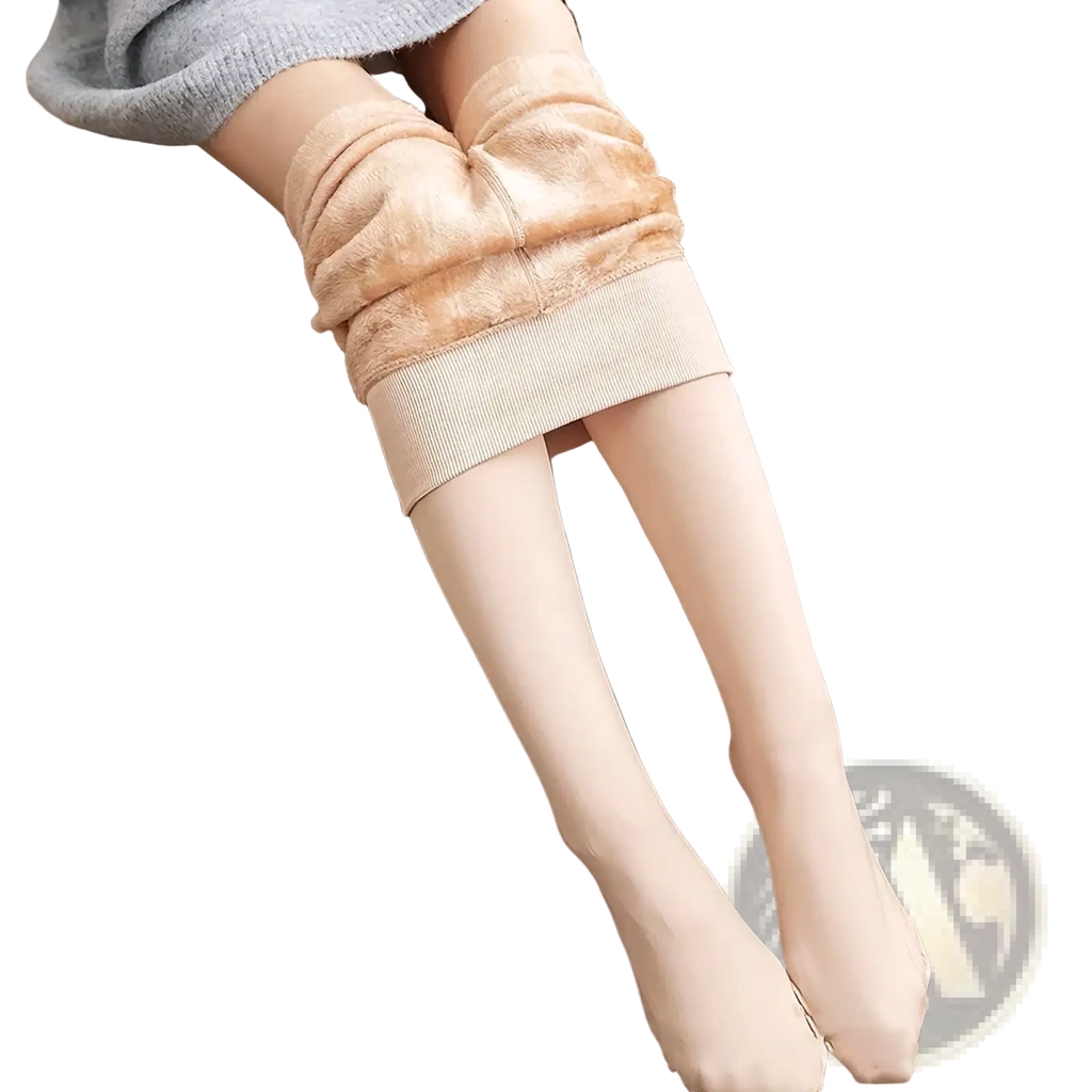 Beige fleece lined high waist thermal women tights with faux fur lining and ribbed waistband for warmth and comfort