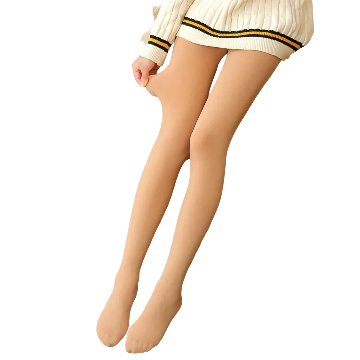 Beige fleece lined high waist thermal women tights with smooth stretchy fabric and subtle ribbed texture at the top