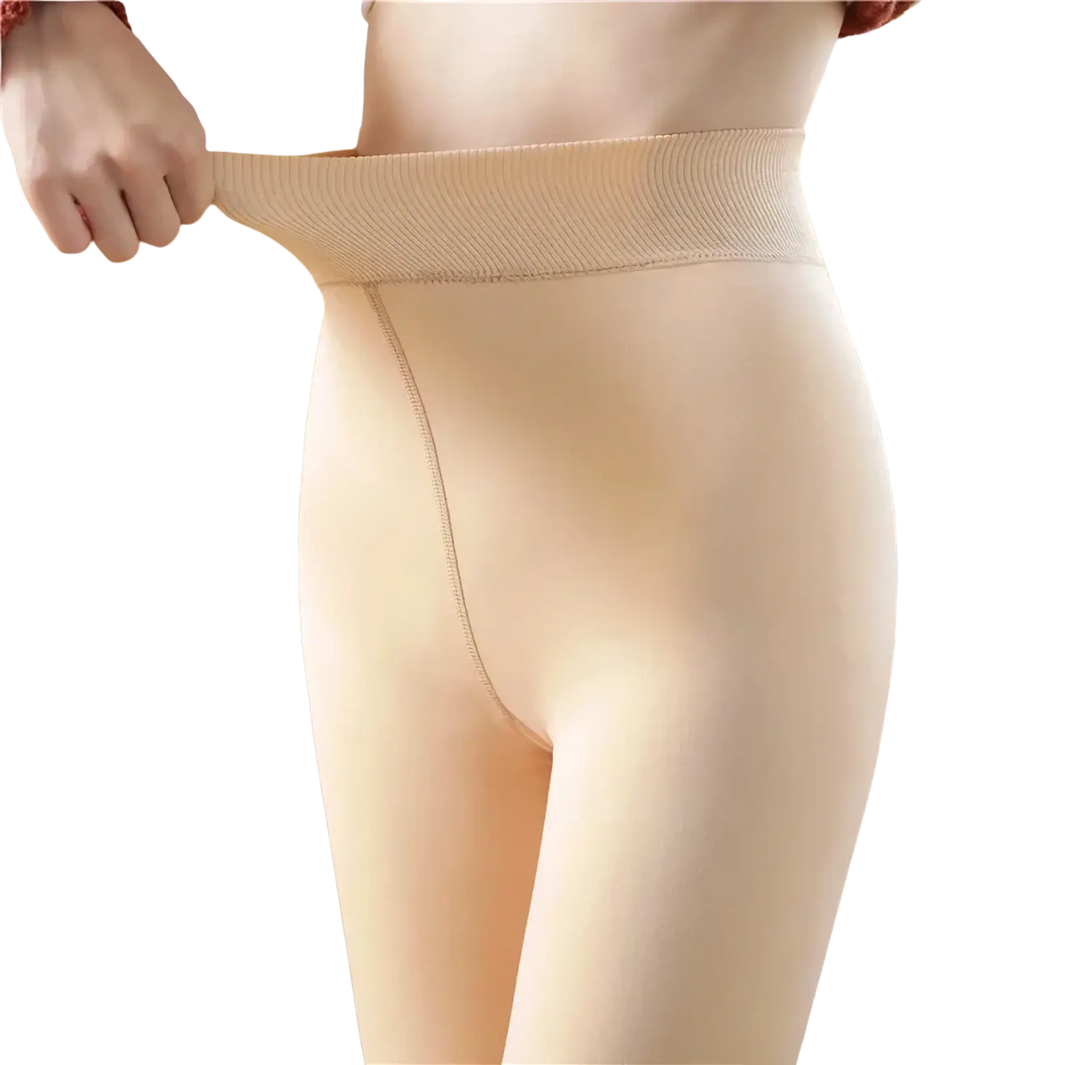 Beige fleece lined high waist thermal women tights with ribbed elastic waistband and seamless compression design