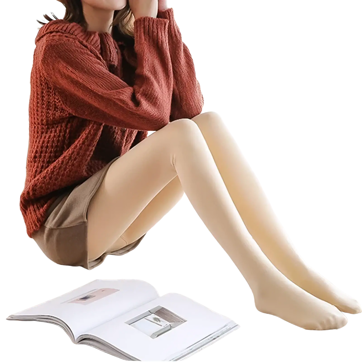 Cream-colored fleece lined high waist thermal women tights in sheer material worn by person seated on wooden floor