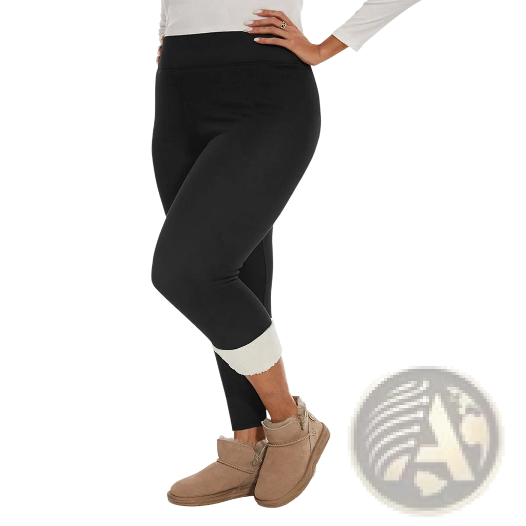 Black fleece lined high waisted winter leggings with cozy white fleece cuffs at the ankle for added warmth