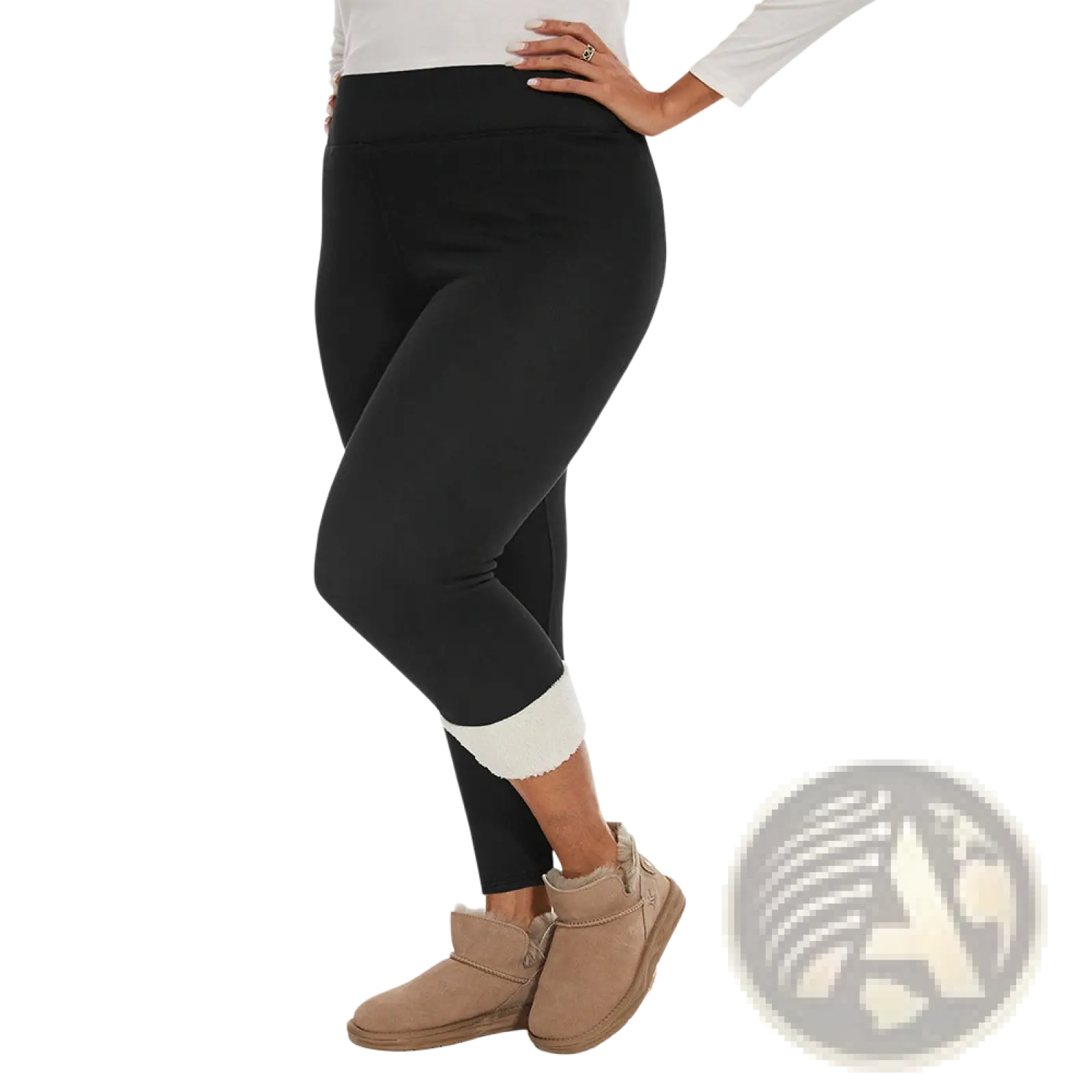 Black fleece lined high waisted winter leggings with cozy white fleece cuffs at the ankle for added warmth