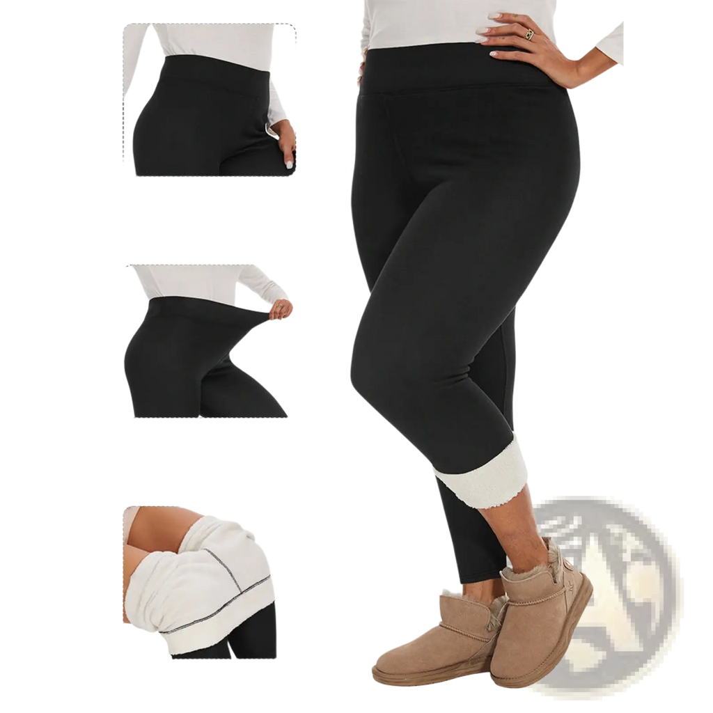 Black fleece lined high waisted winter leggings with a four sided elastic waistband and white fleece lined cuffs
