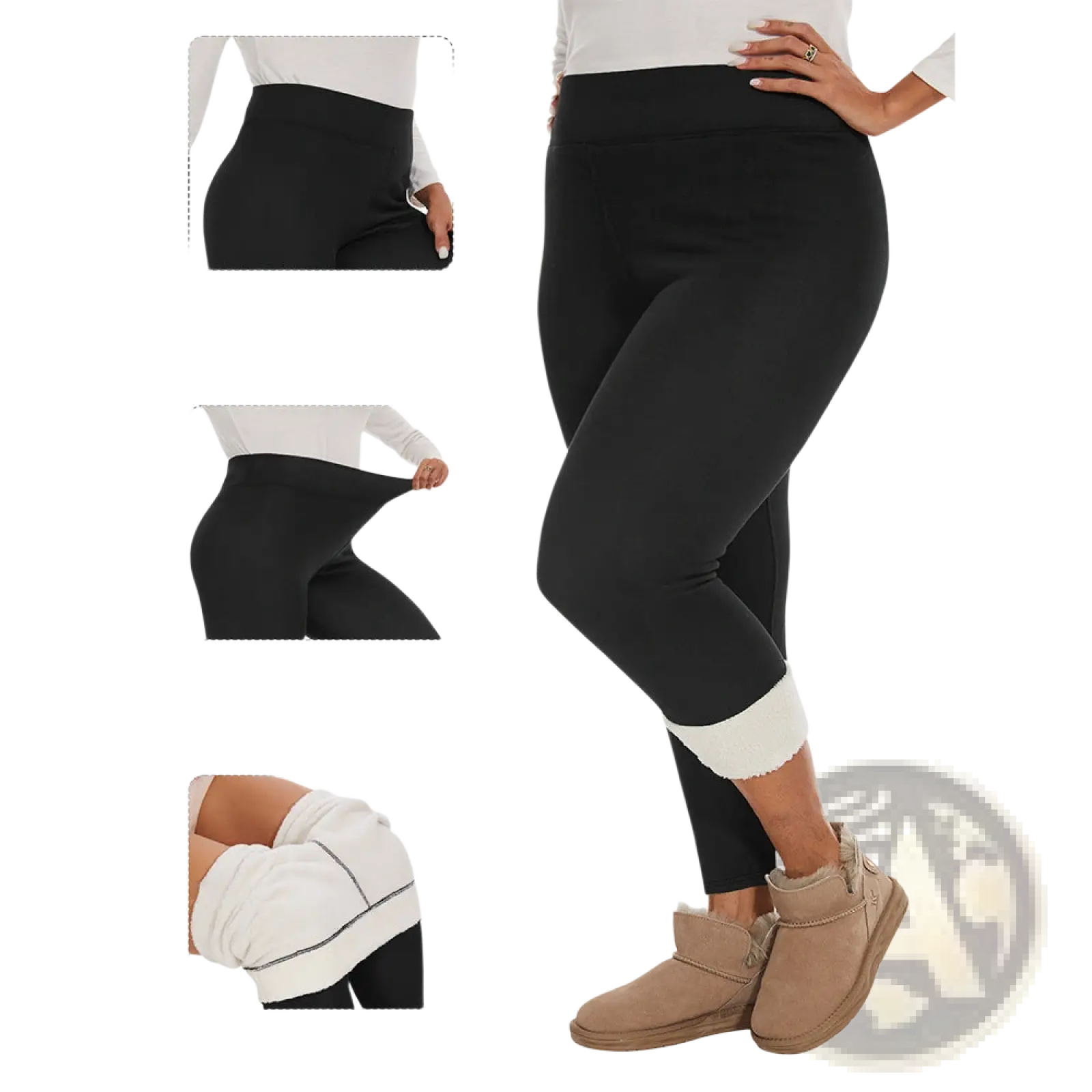 Black fleece lined high waisted winter leggings with a four sided elastic waistband and white fleece lined cuffs