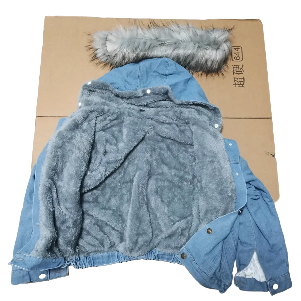 Blue denim fleece lined hooded jacket with gray faux fur hood and matching plush interior lining for warmth