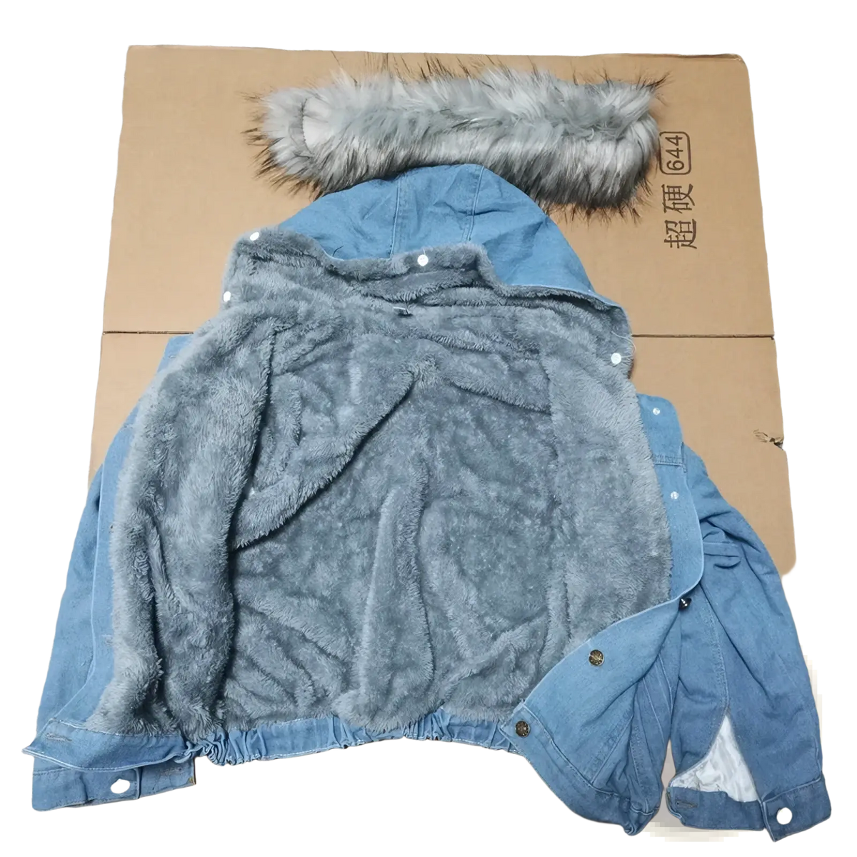 Blue denim fleece lined hooded jacket with gray faux fur hood and matching plush interior lining for warmth