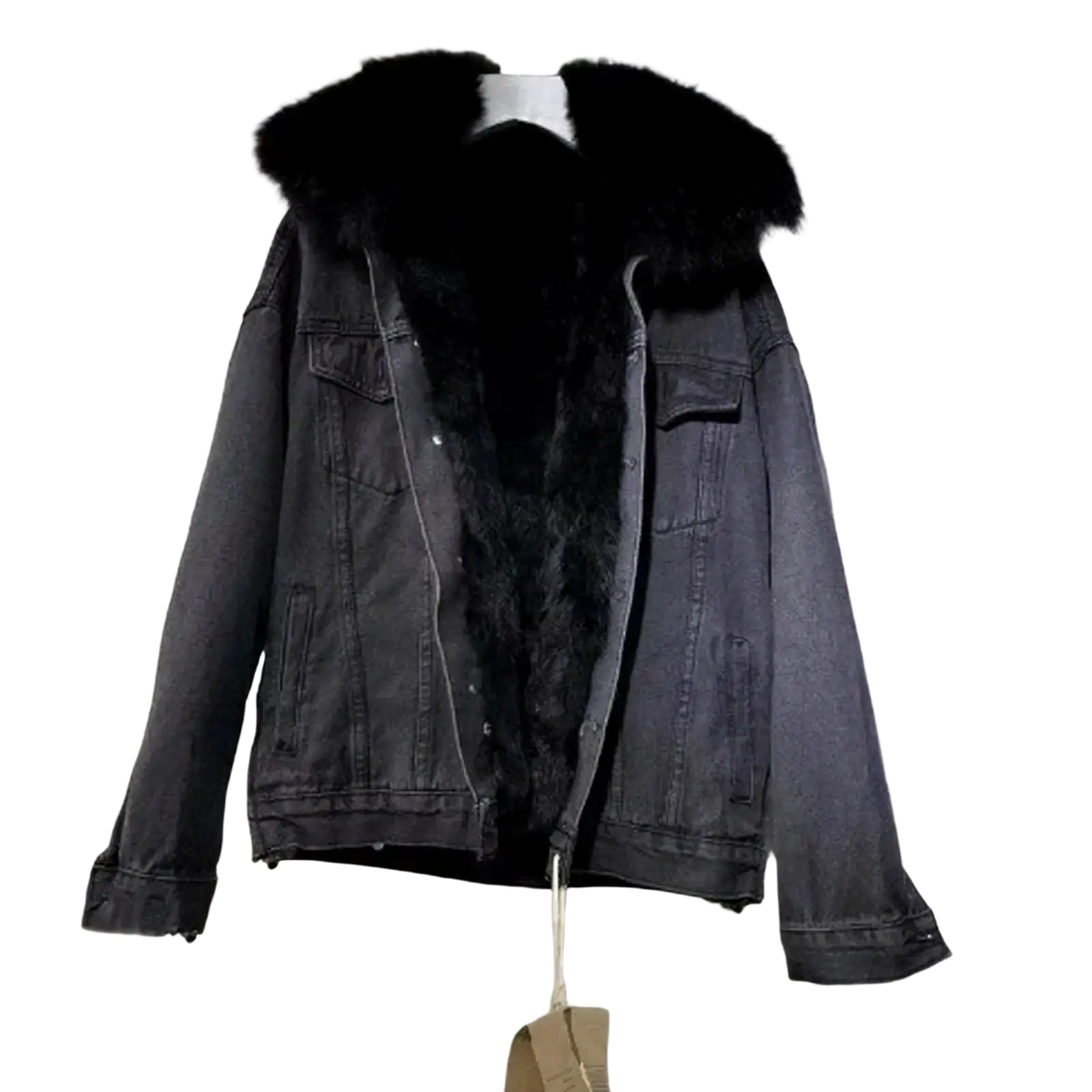 Dark gray fleece lined hooded denim jacket with black plush fur lined hood and interior lining for warmth