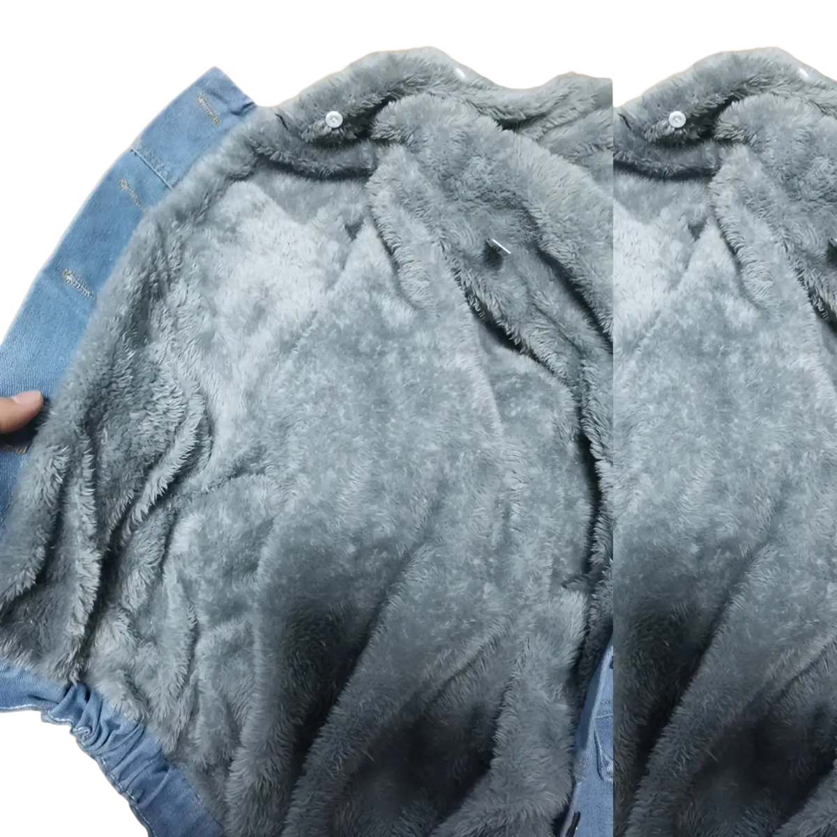 Gray fleece lined hooded denim jacket with plush fleece lining and visible button closures on soft textured interior
