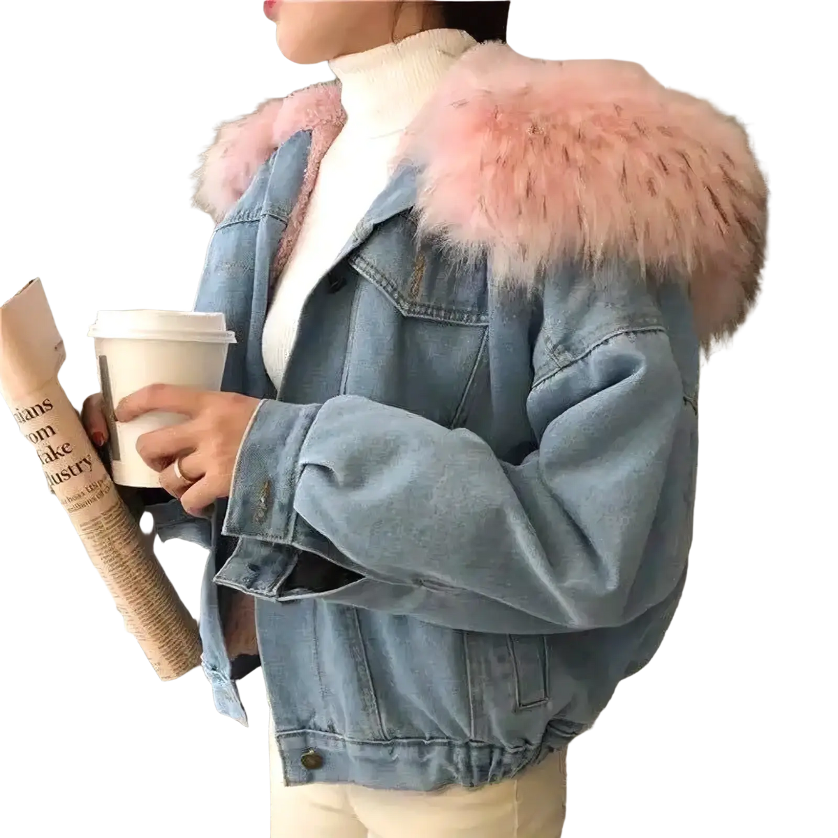 Light blue denim jacket with fleece lined hood featuring fluffy pink fur trim for added warmth and style