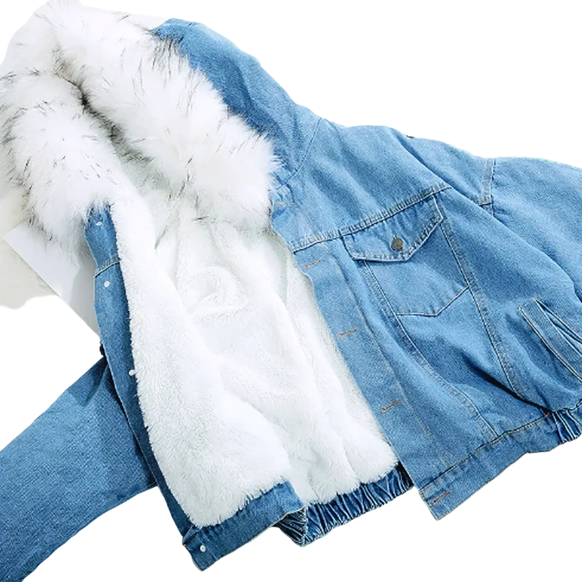 Light blue fleece lined hooded denim jacket with plush white faux fur hood and matching interior lining