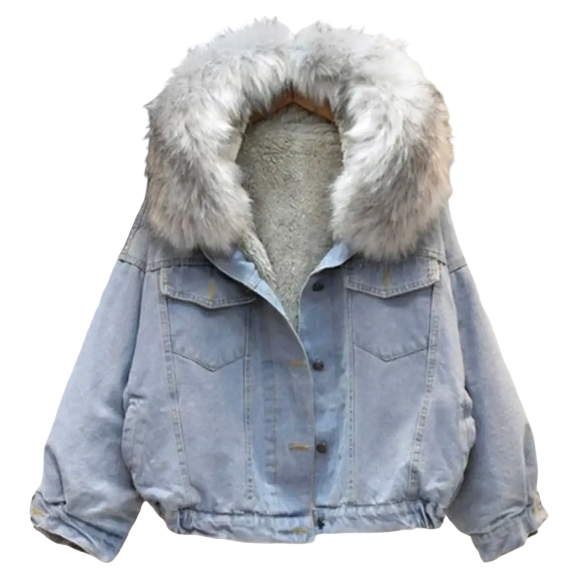 Light blue fleece lined hooded denim jacket with plush silver gray faux fur hood and cozy fleece interior
