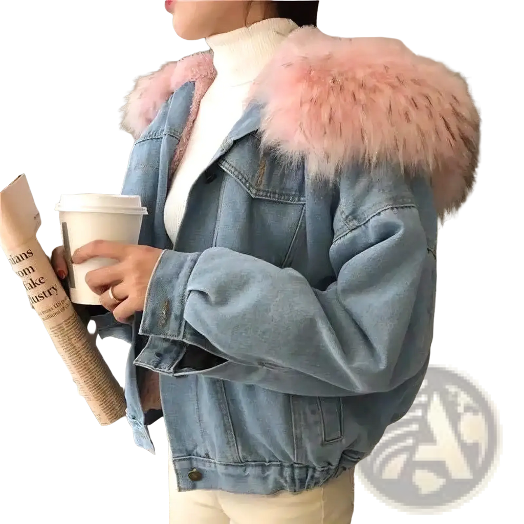 Light blue denim jacket with fleece lined hood featuring fluffy pink fur trim for added warmth and style