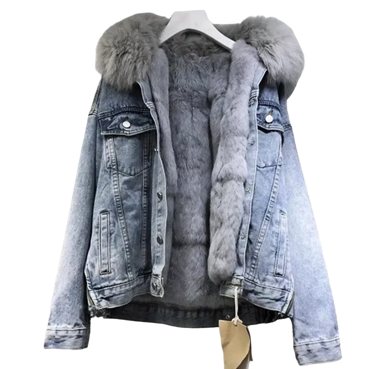 Fleece lined hooded denim jacket in light-wash with plush gray fur-lined hood and matching interior lining
