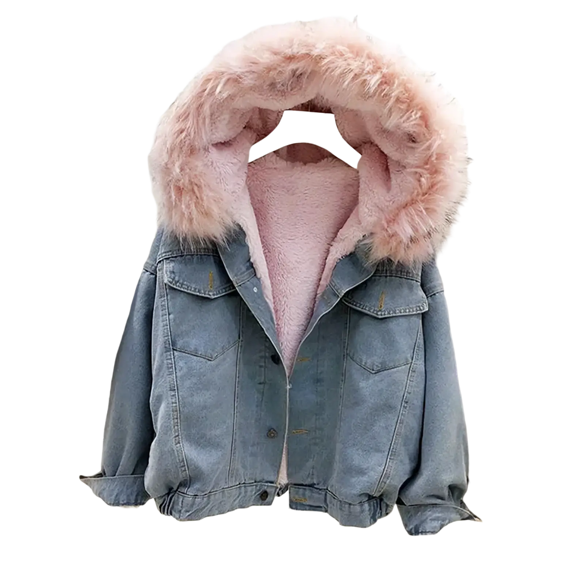 Fleece lined hooded denim jacket in light-wash denim with fluffy pink faux fur hood and matching inner lining