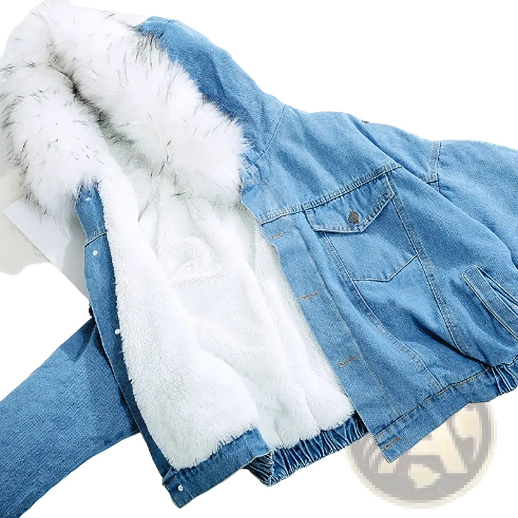 Light blue fleece lined hooded denim jacket with plush white faux fur hood and matching interior lining