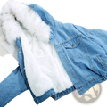Light blue fleece lined hooded denim jacket with plush white faux fur hood and matching interior lining