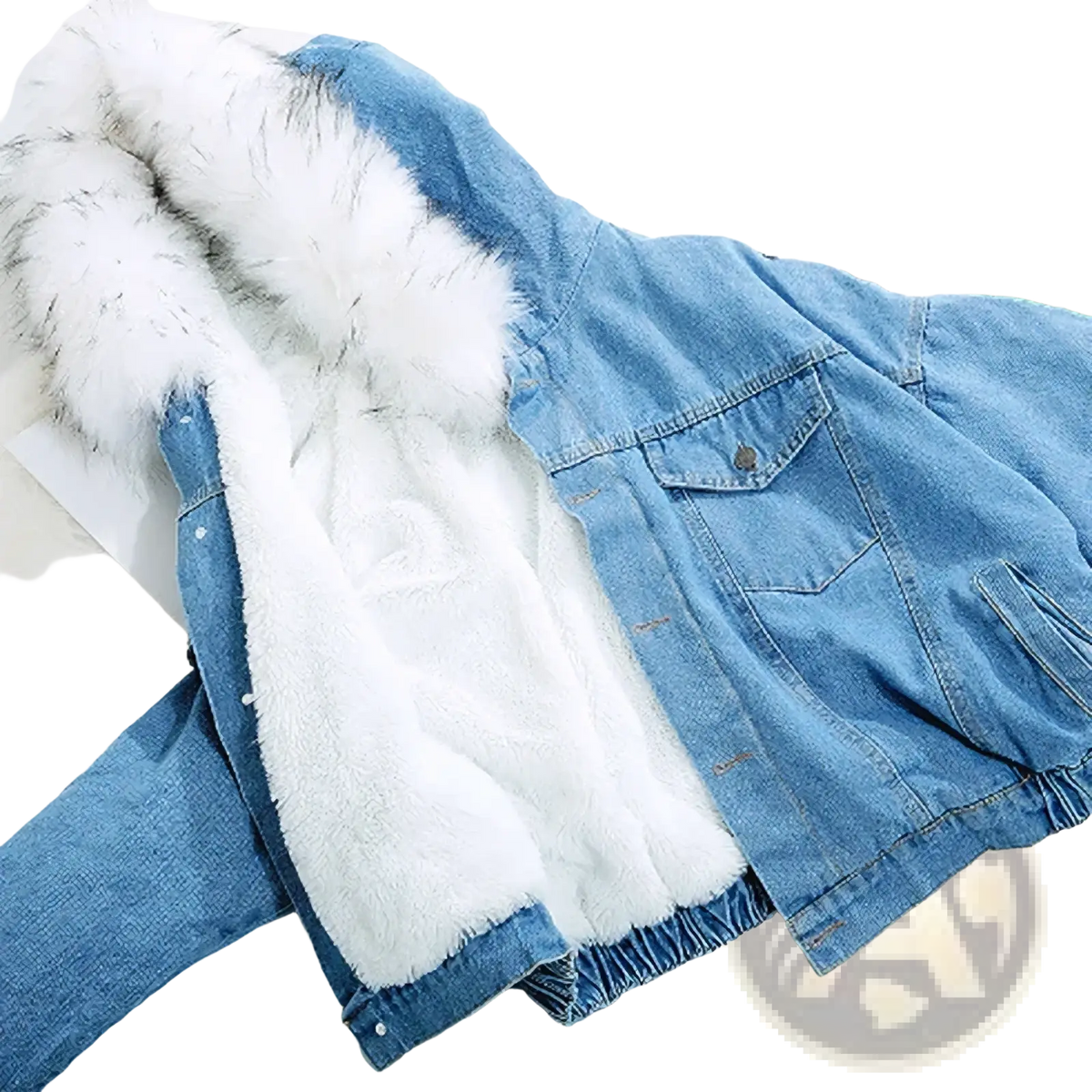 Light blue fleece lined hooded denim jacket with plush white faux fur hood and matching interior lining