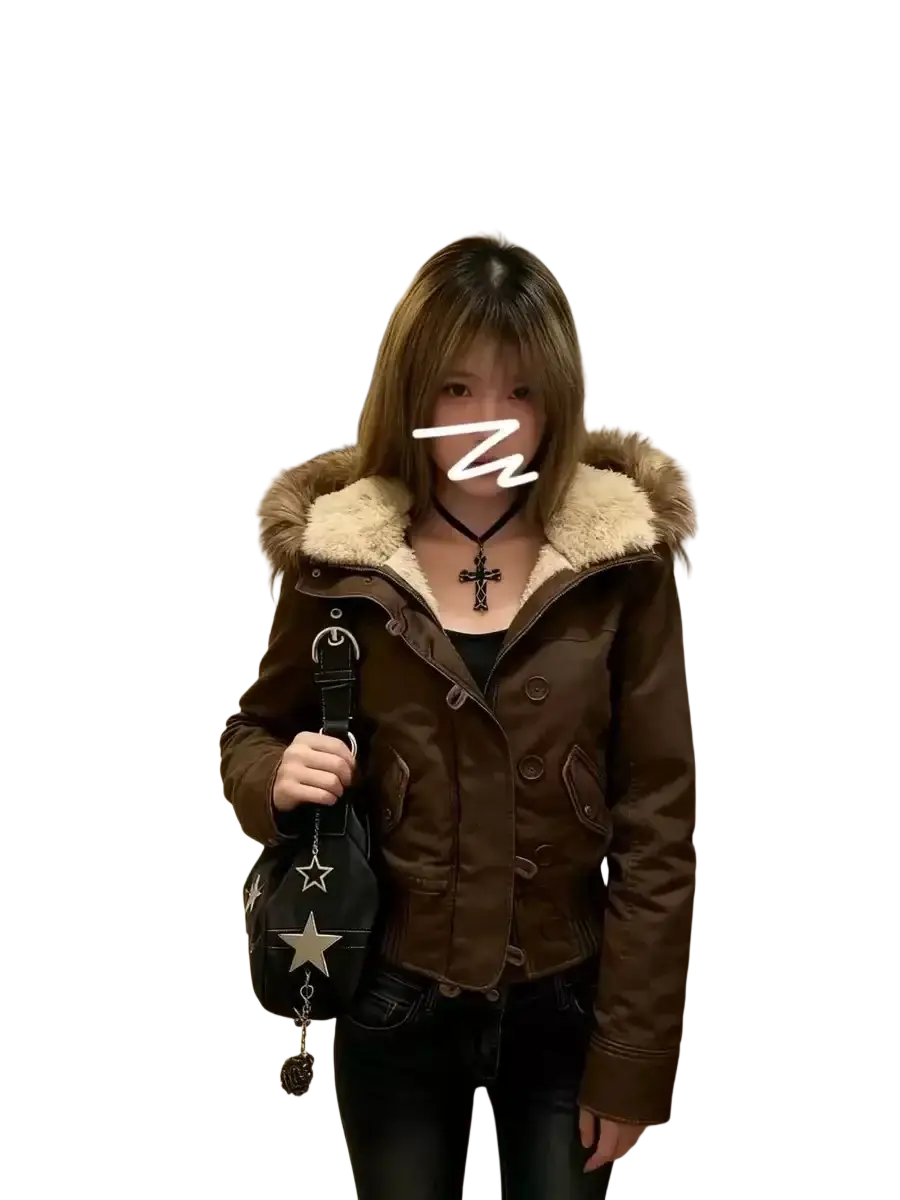 Black star-patterned handbag with dangling charm paired with fleece lined hooded winter coat for cold weather use