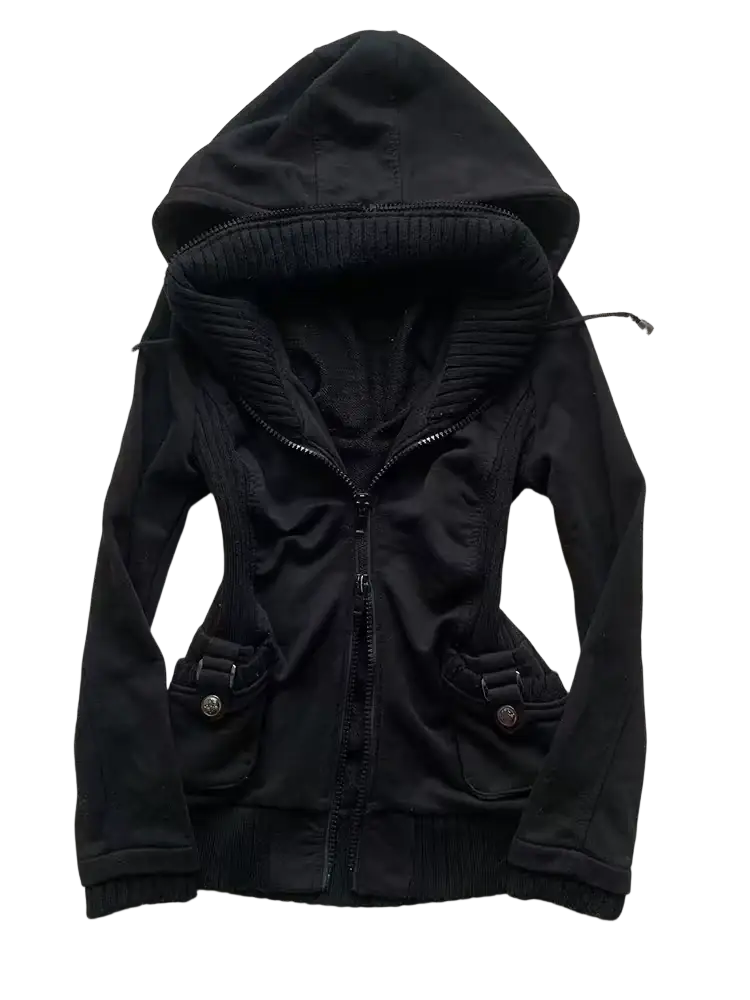 Black fleece lined hooded winter coat with zip-up front ribbed cuffs and hem and silver button front pockets