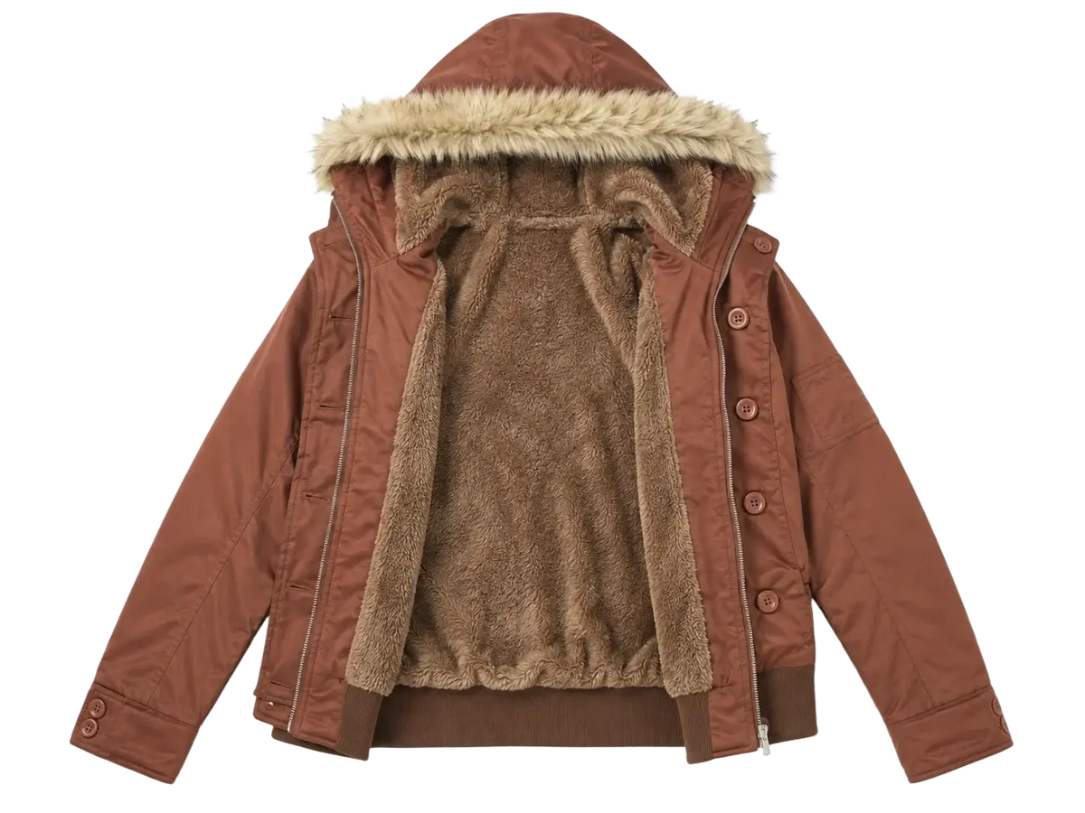 Brown hooded winter coat with faux fur trim and plush fleece lining designed for warmth and comfort