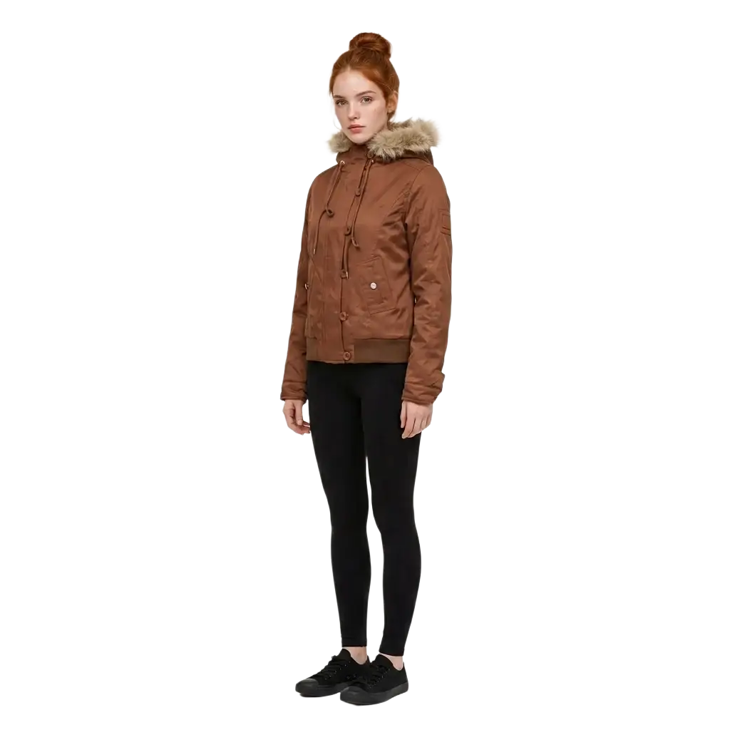 Brown hooded winter coat with fleece lining button closures and a faux fur-lined collar for cold weather use