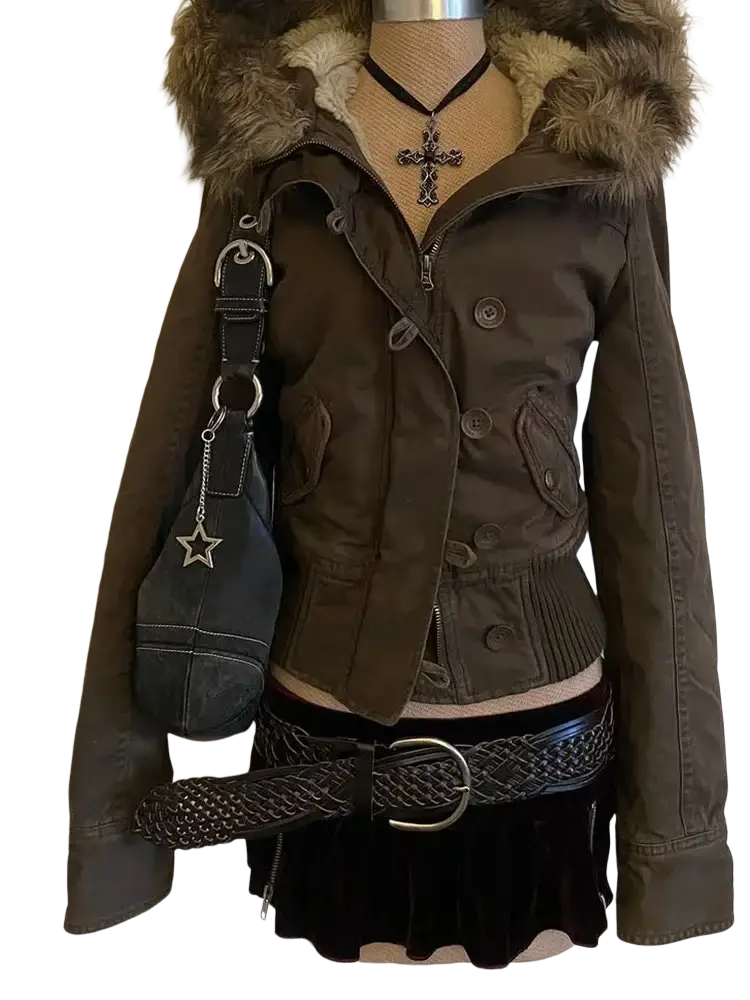Brown fleece lined hooded winter coat with fur lined collar and button closures for cold weather use