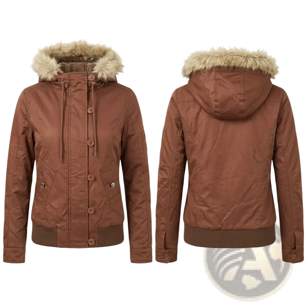 Brown hooded winter coat with fleece lining button closures and faux fur trim for cold weather use