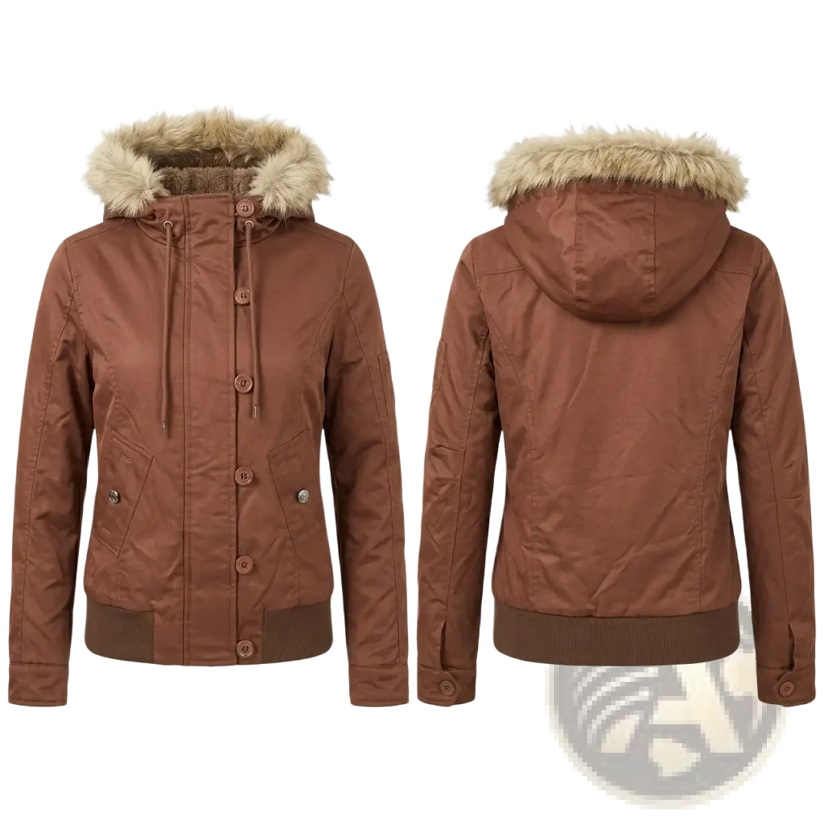 Brown hooded winter coat with fleece lining button closures and faux fur trim for cold weather use