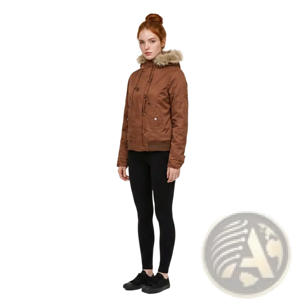 Brown hooded winter coat with fleece lining button closures and a faux fur-lined collar for cold weather use