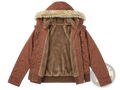 Brown hooded winter coat with faux fur trim and plush fleece lining designed for warmth and comfort