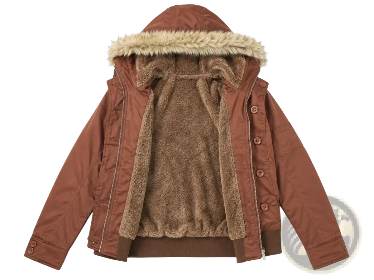 Brown hooded winter coat with faux fur trim and plush fleece lining designed for warmth and comfort