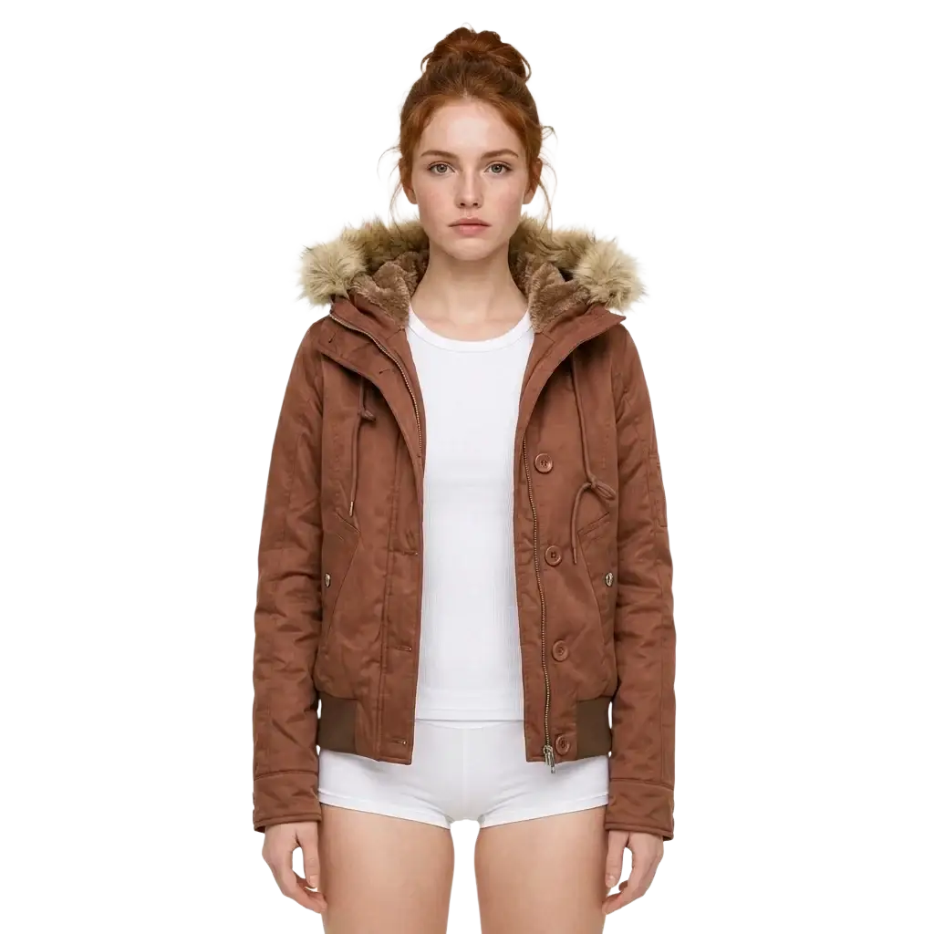 Brown hooded parka fleece lined winter coat with fur lined collar and button closures for cold weather use