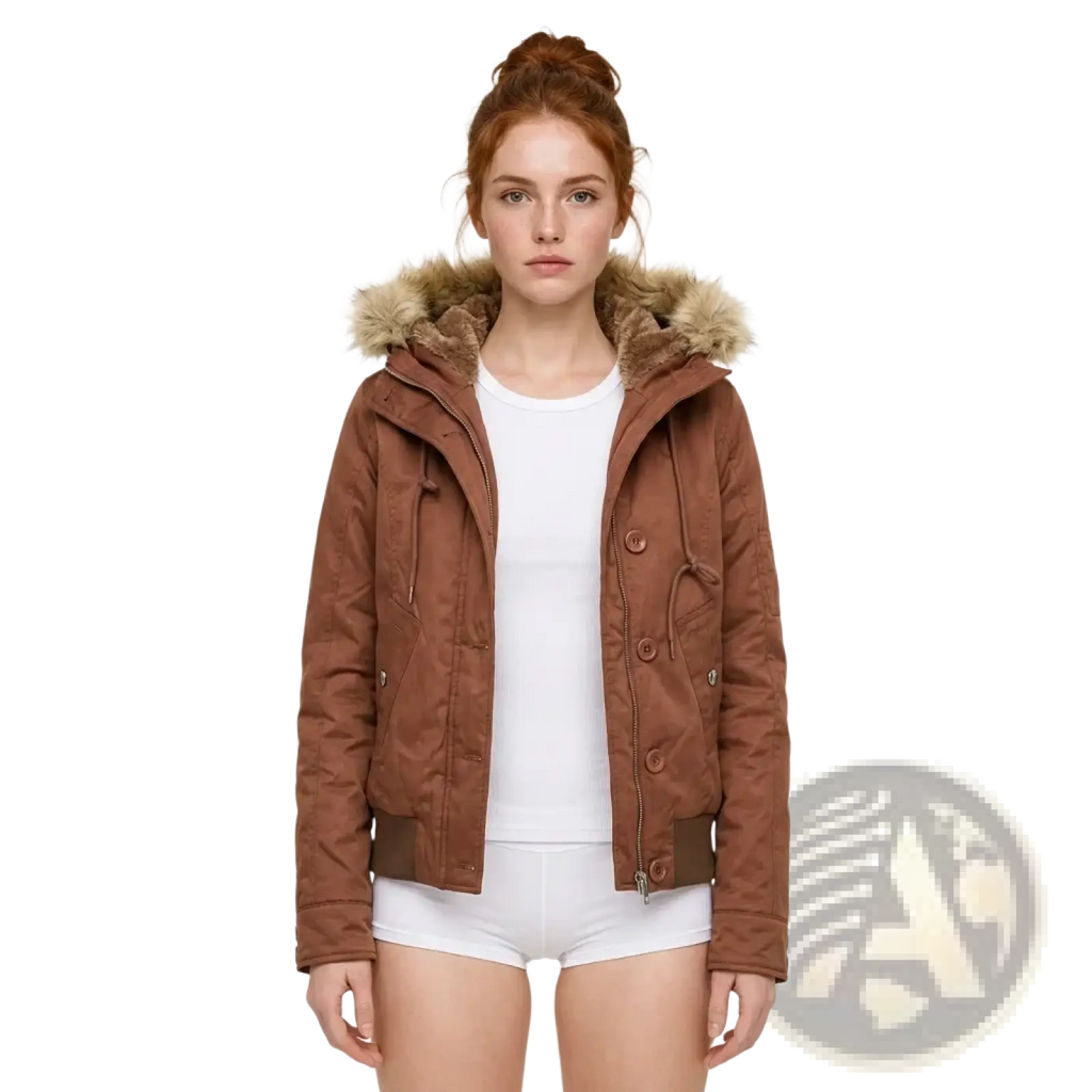 Brown hooded parka fleece lined winter coat with fur lined collar and button closures for cold weather use