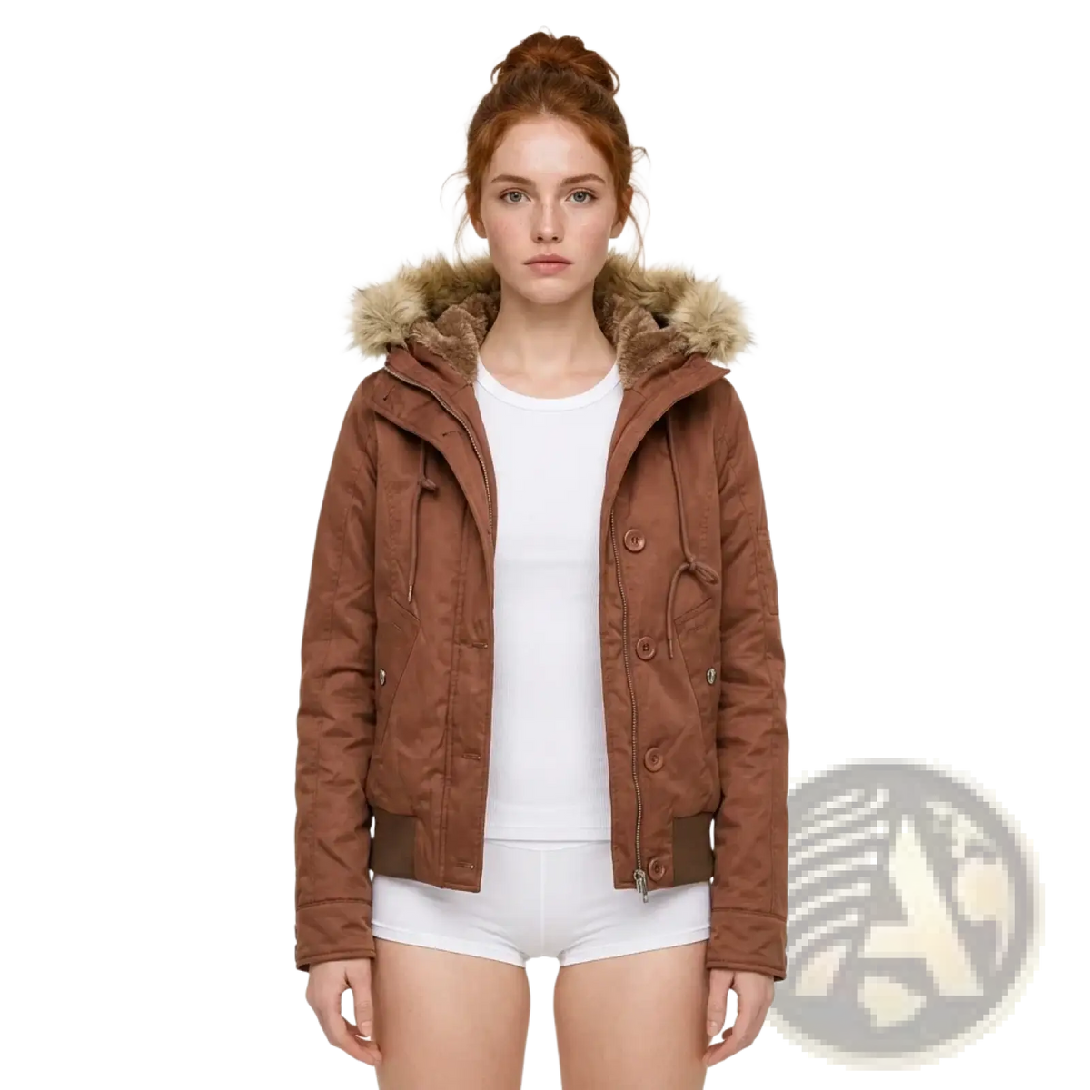Brown hooded parka fleece lined winter coat with fur lined collar and button closures for cold weather use