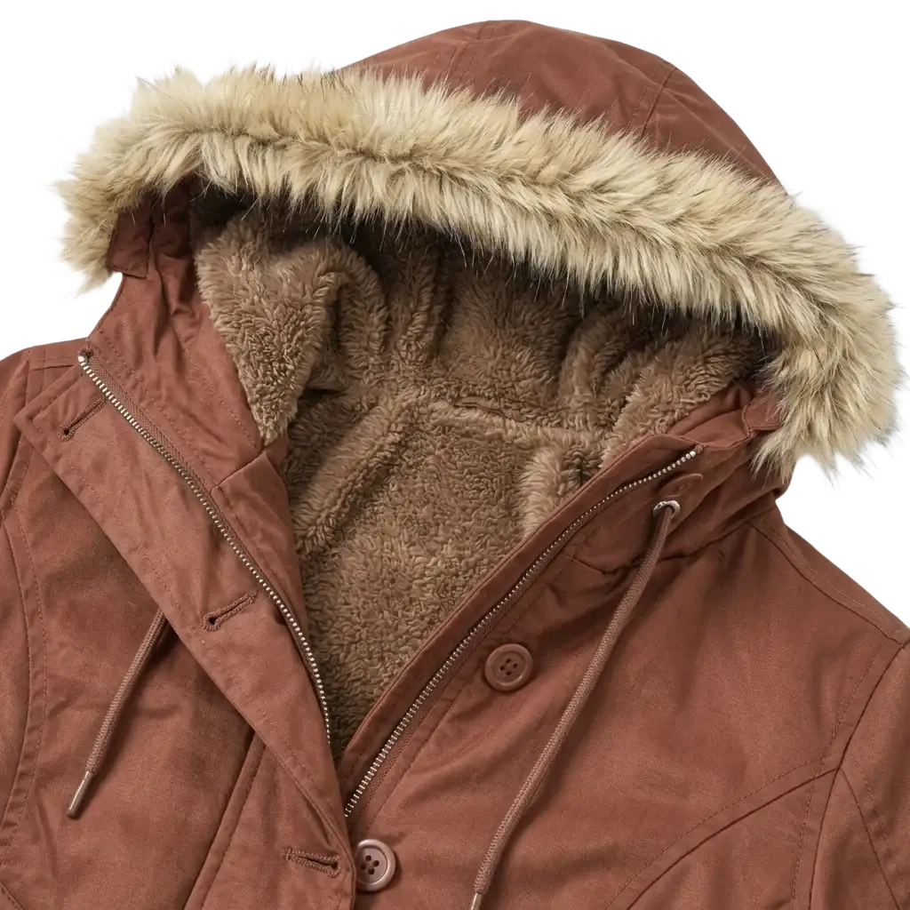 Brown fleece lined hooded winter coat with plush tan faux fur hood and soft sherpa interior for cold weather