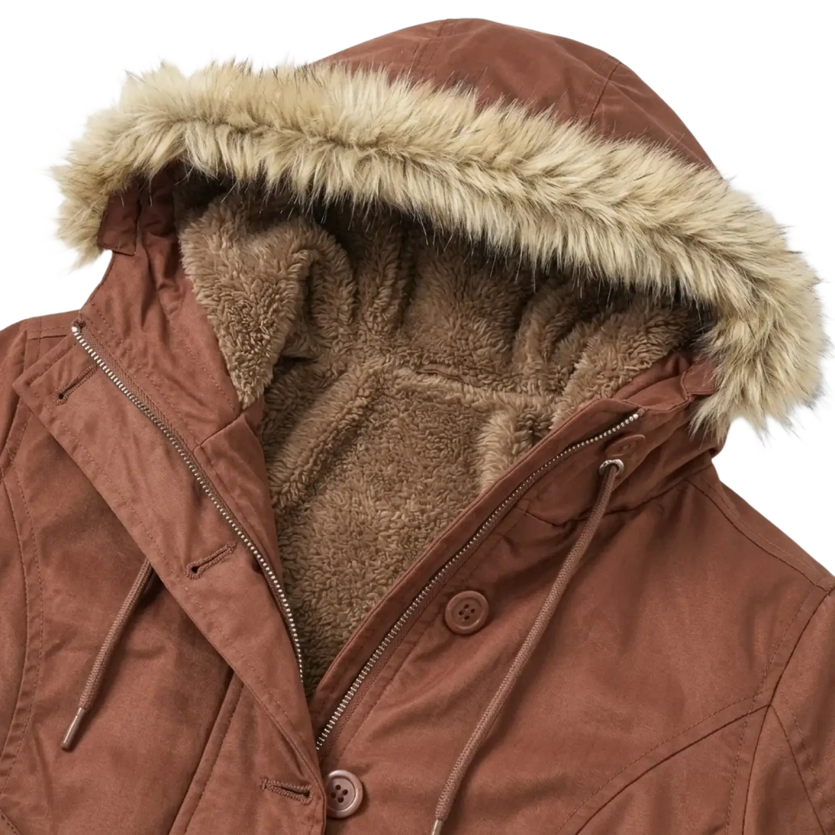 Brown fleece lined hooded winter coat with plush tan faux fur hood and soft sherpa interior for cold weather