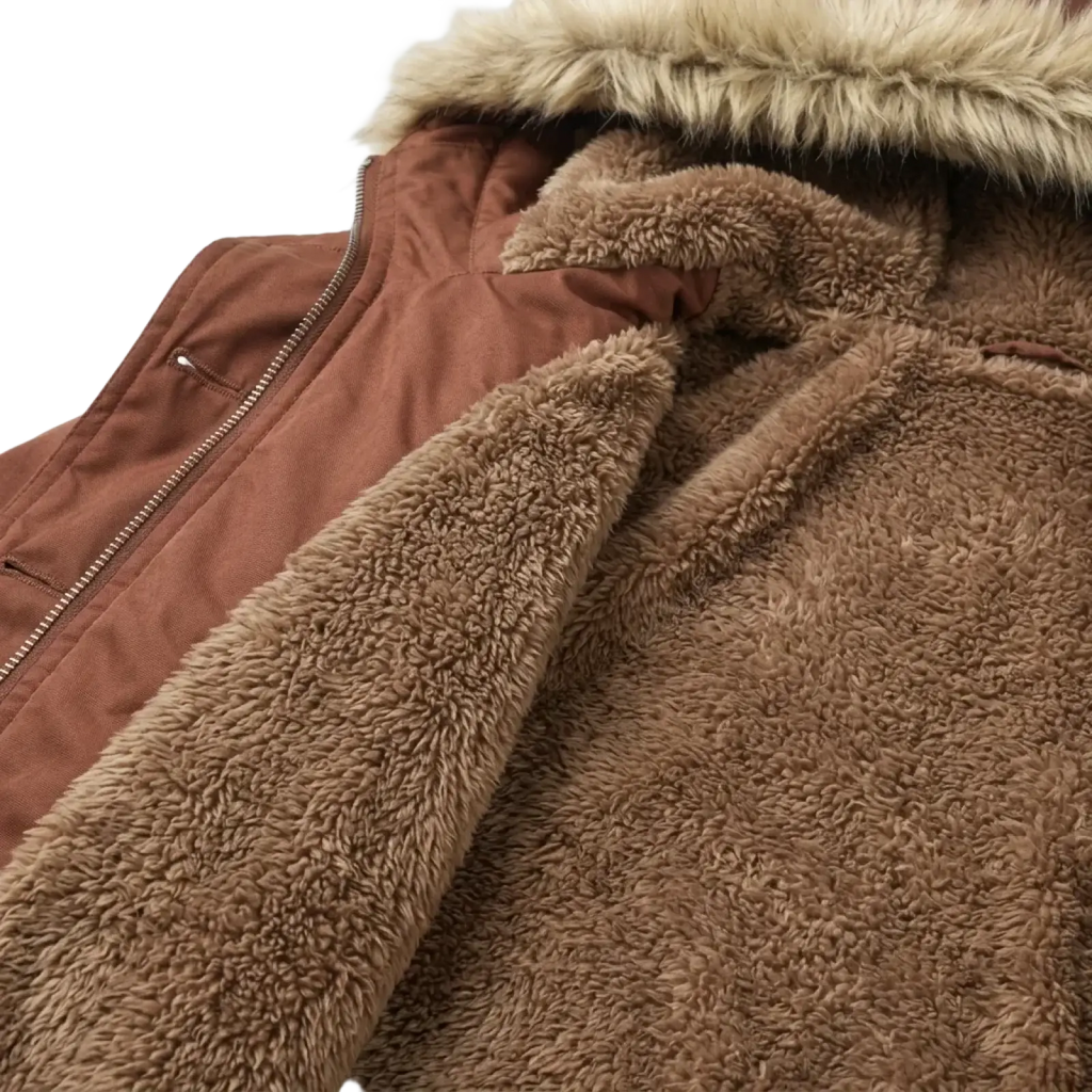 Brown fleece lined hooded winter coat with shearling lining and faux fur trim designed for cold weather use