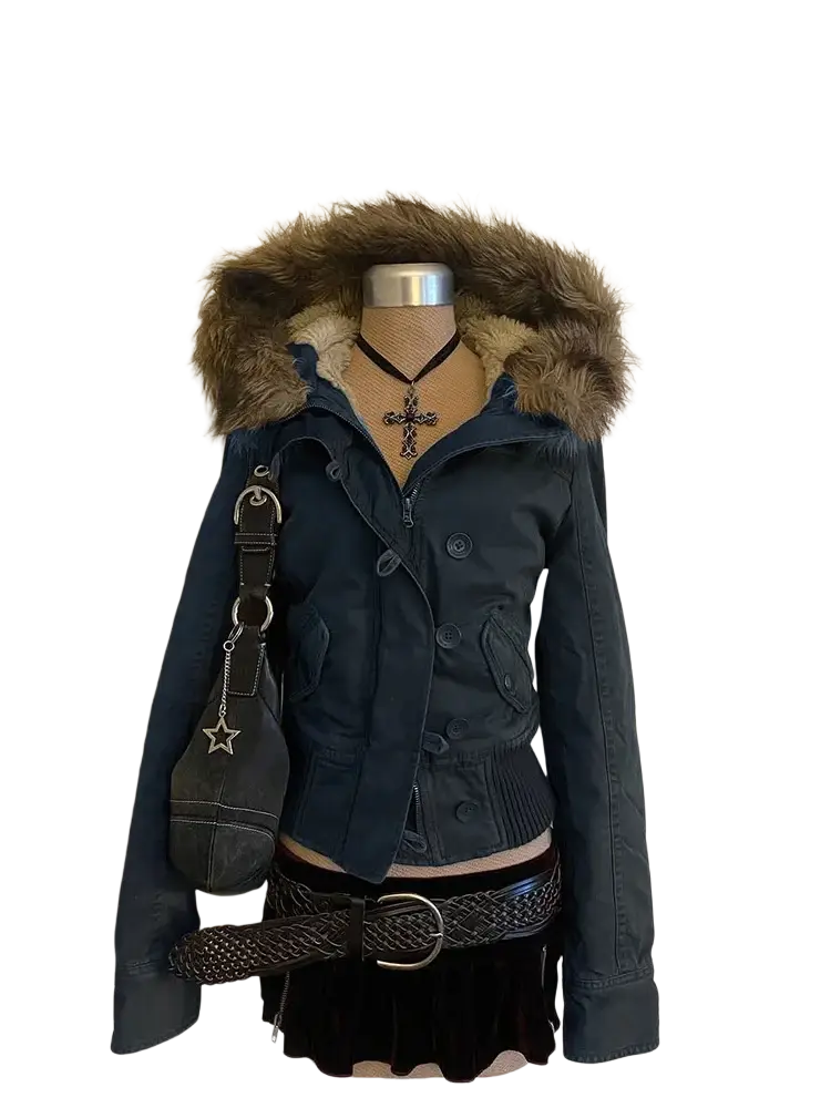 Dark blue fleece lined hooded winter coat with brown fur-lined hood and multiple front pockets for cold weather