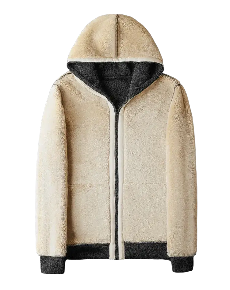 Beige fleece lined hooded winter jacket for men and women with shearling material black inner lining and cuffs