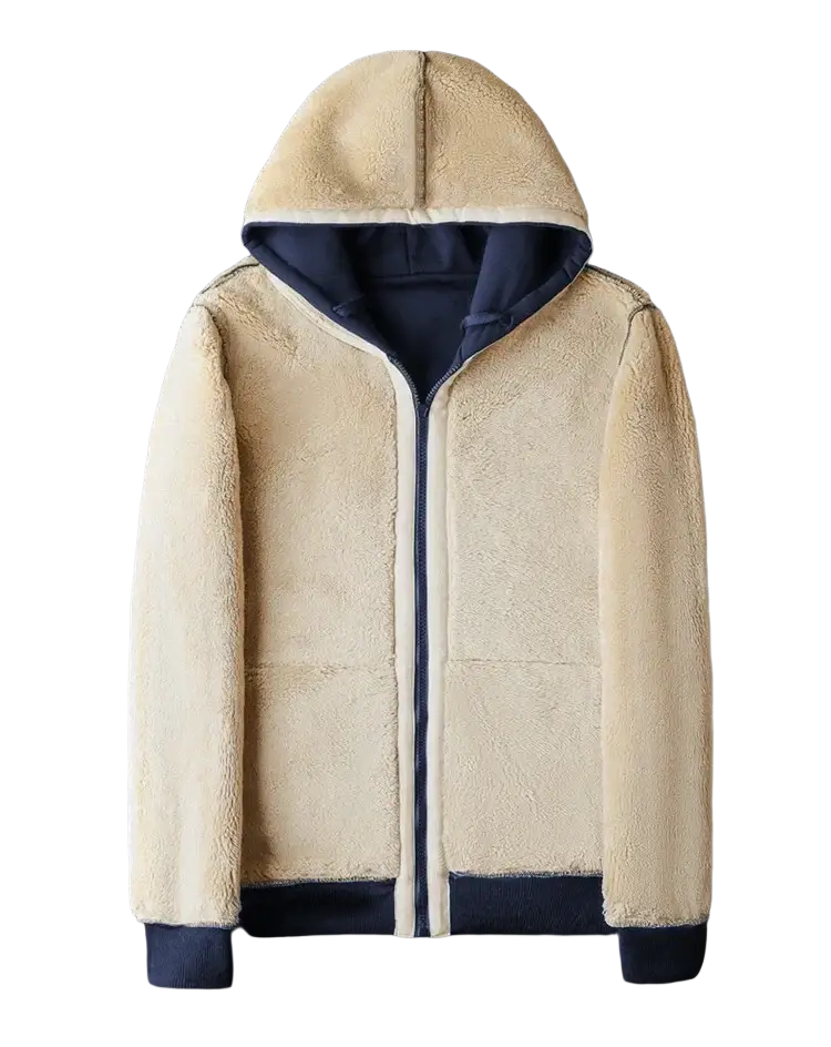 Beige fleece lined hooded winter jacket for men and women with shearling material navy blue lining and cuffs