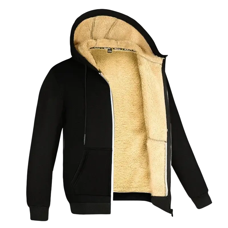 Black fleece lined hooded winter jacket with tan sherpa lining zip-up and front pockets for men and women