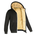 Black zip-up fleece lined hooded winter jacket for men and women with plush tan interior and front pockets