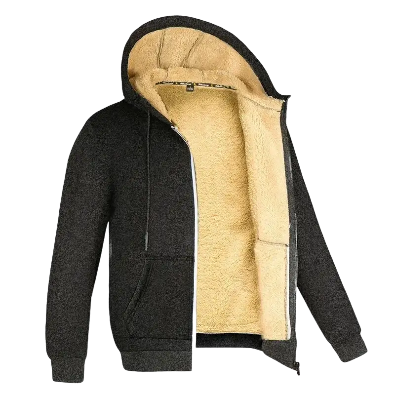 Black zip-up fleece lined hooded winter jacket for men and women with plush tan interior and front pockets