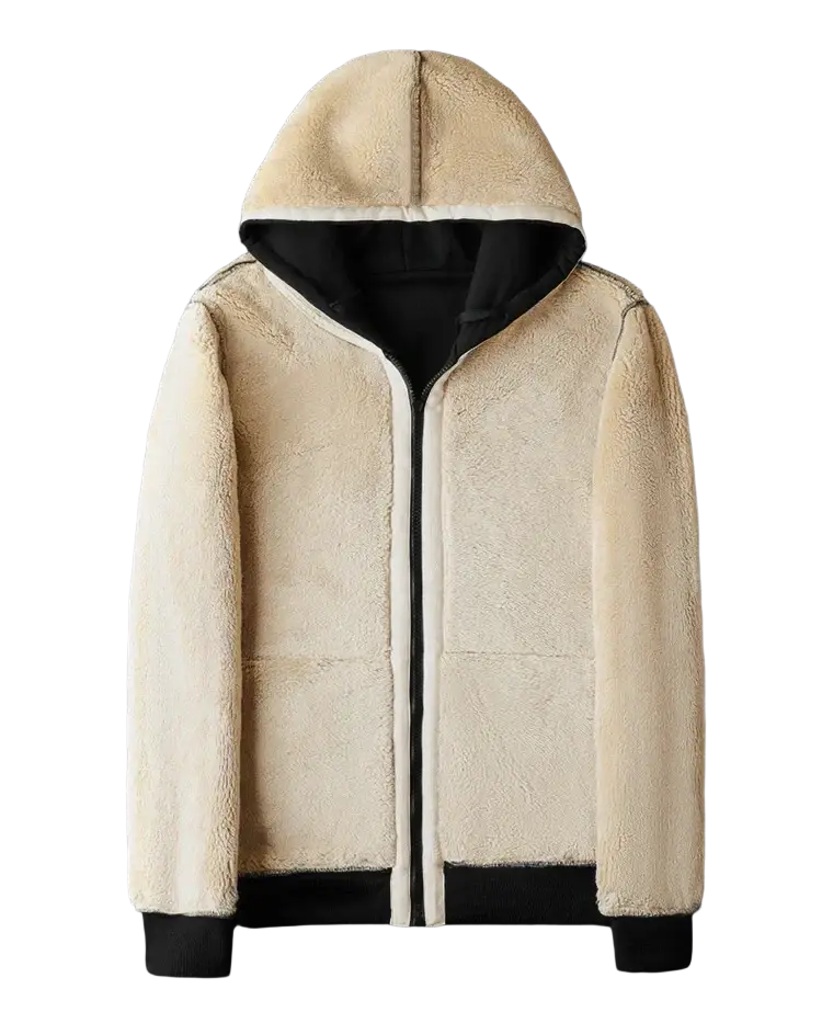 Cream-colored shearling fleece lined hooded winter jacket for men and women with black inner lining and cuffs