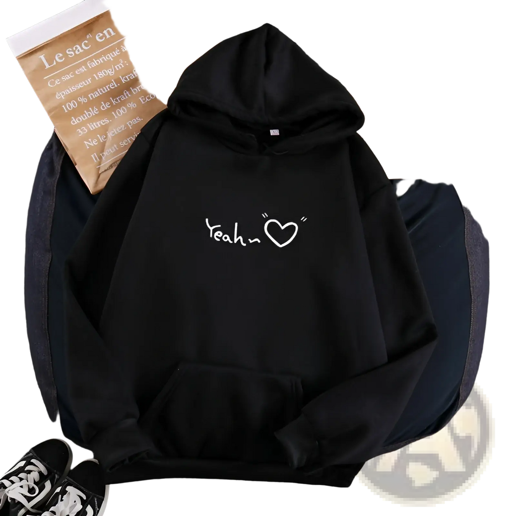 Black fleece lined insulated hooded sweatshirt with white yeah heart graphic printed on the front