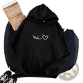 Black fleece lined insulated hooded sweatshirt with white yeah heart graphic printed on the front